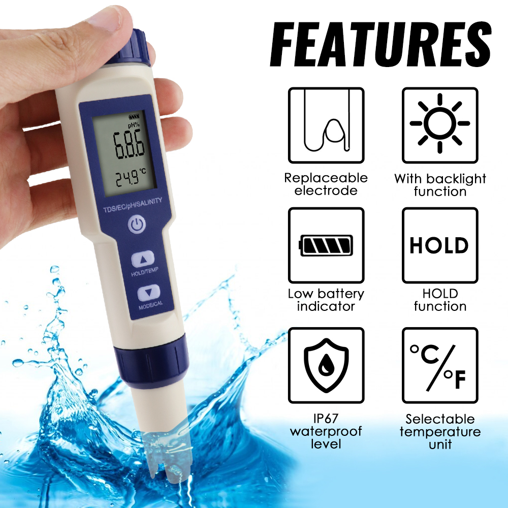 5 IN 1 PH Suhu TDS EC Salinita - Ph Meter Digital Water Tester ulasan dan harga